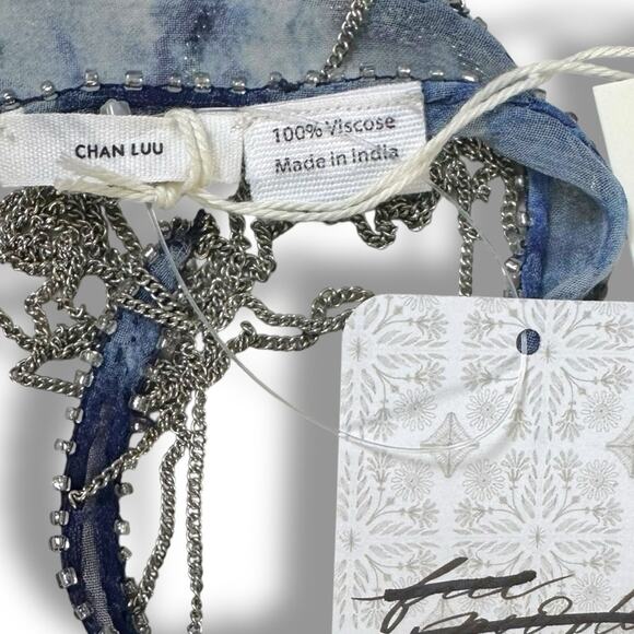 Free People Chan Luu Washed Ashore Fringe Skinny Scarf Denim Blue NWT Bohemian - Picture 8 of 11